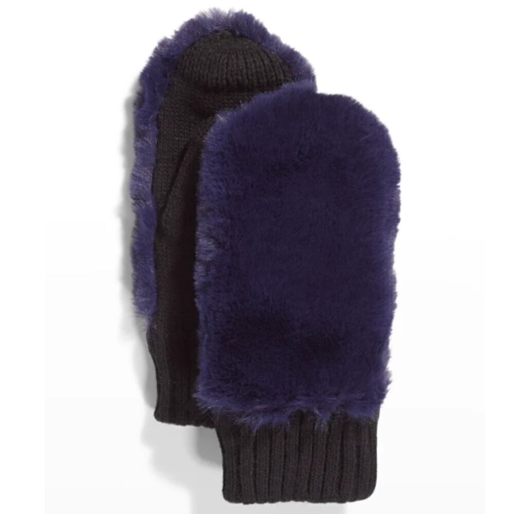 Surell Accessories Faux Fur/Knit Mittens, Navy Blue/Black